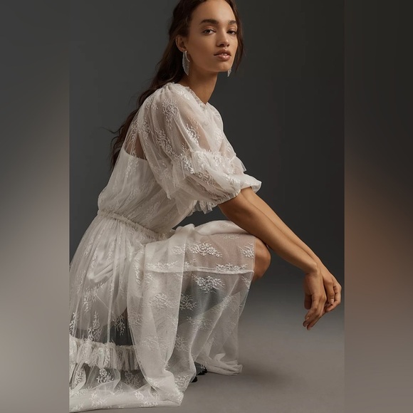 NEW Lace Dress Anthropologie Sheer White Let Me Be Short Sleeve Ruffle Maxi - Picture 2 of 11